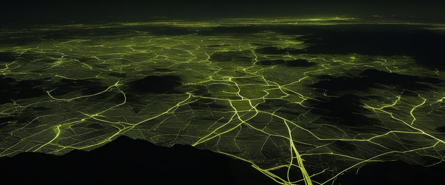 A dark landscape seen from high altitude at night, threaded with a sparse glowing network of lit roads reaching scattered settlements. Most of the frame is unlit black terrain.