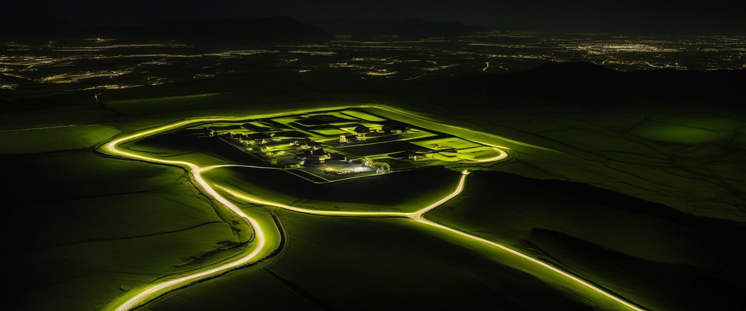 One small compound of buildings glowing alone in an enormous expanse of black night terrain, reached by a single lit road.