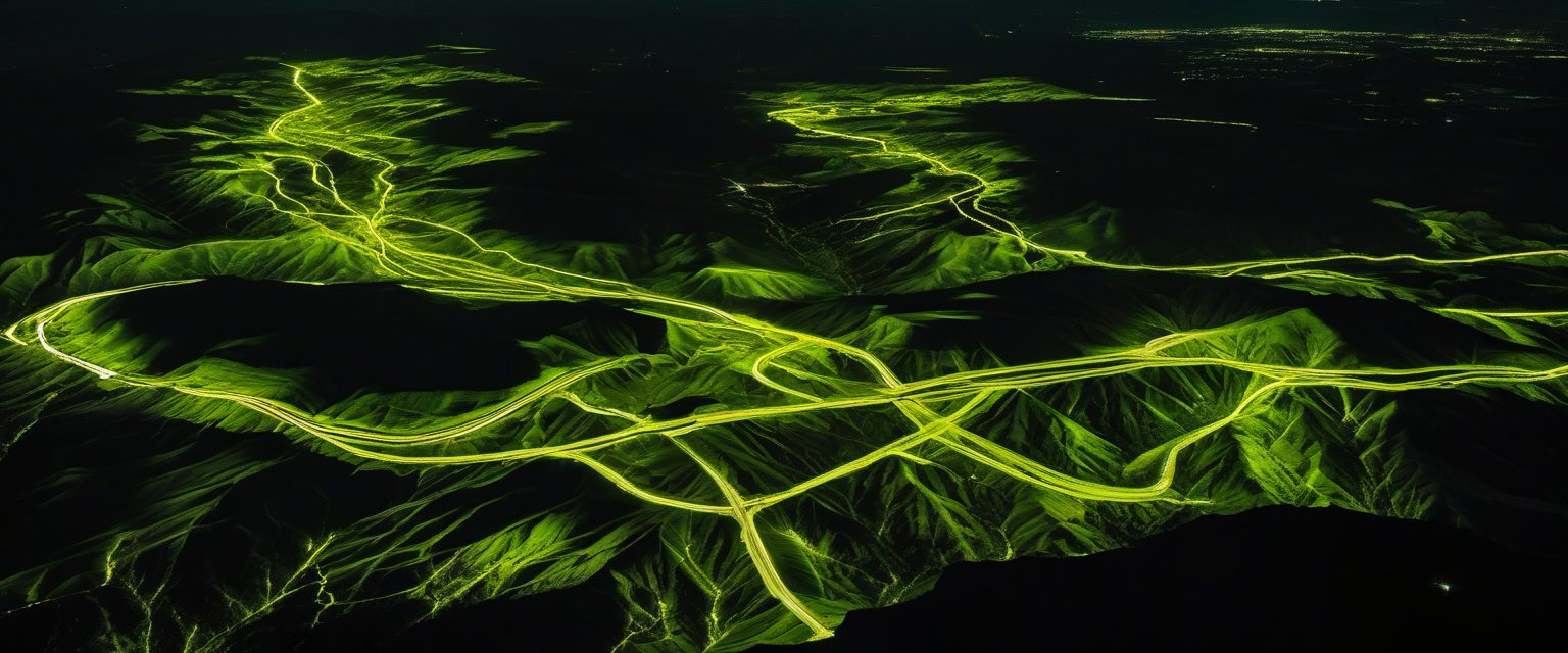 Several lit channels converging on one bright junction in otherwise black terrain, seen from the air at night.