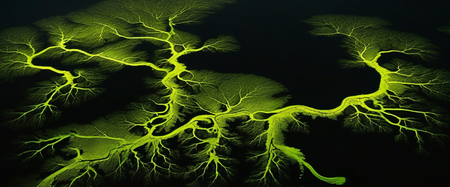 A river delta at night, its branching channels glowing against black land, fine tributaries spreading outward.